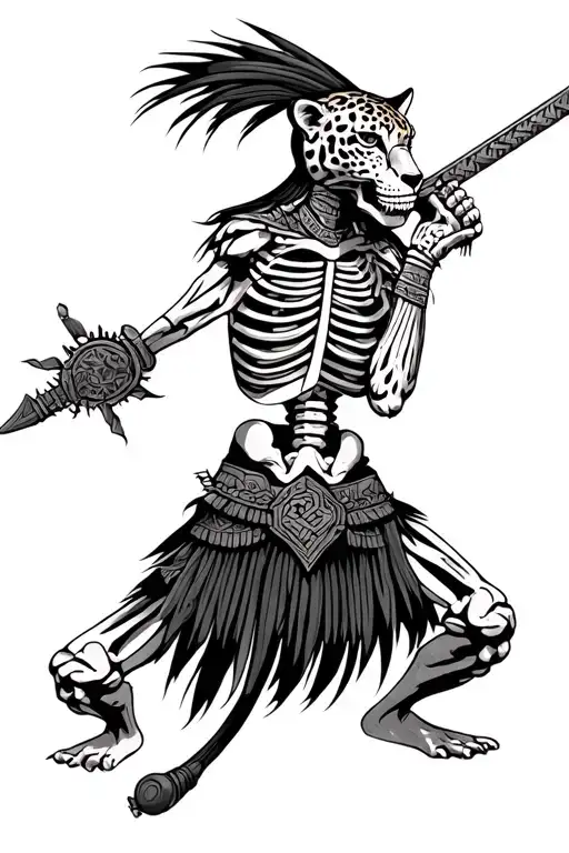 realistic human skeleton jaguar warrior aztec wielding macuahuitl tattoo design idea