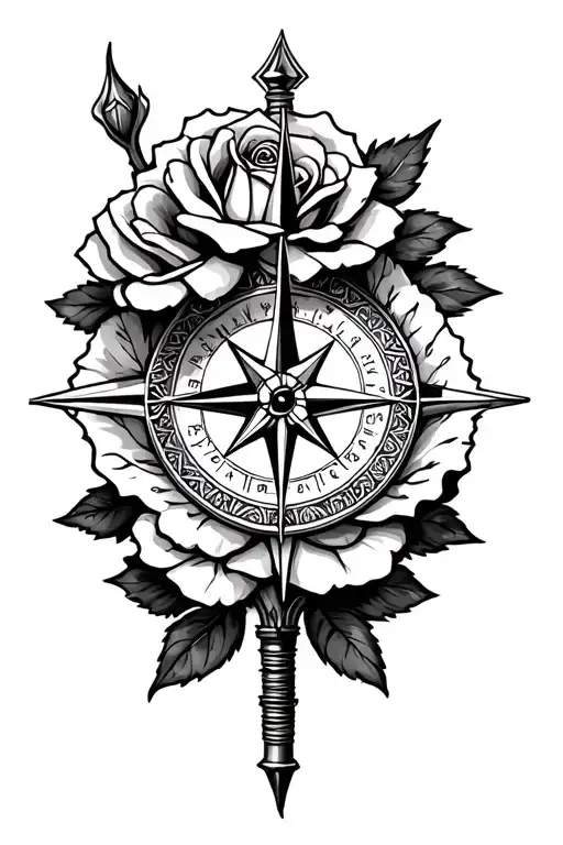 compass and roses intertwined tattoo design idea