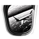 Black and white photograph. A view from an airplane window of a distant airplane. tattoo design idea