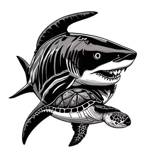 Hawaiian tribal design with a shark and a turtle swimming gracefully tattoo design idea