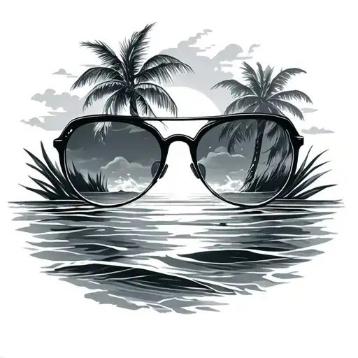 Palm, sunglasses, water, sun beach tattoo design idea