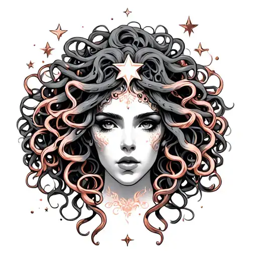 medusa, stars, rose gold, grey tattoo design idea