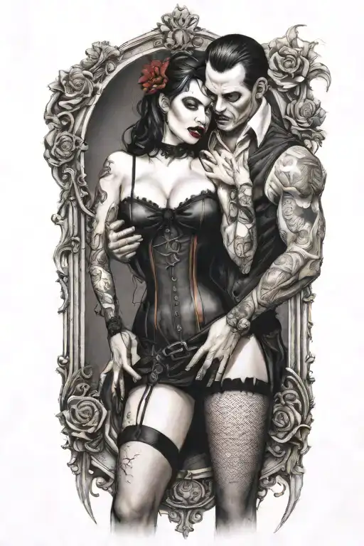 realistic scene of a gothic pinup girl waering half corset and fishnets being bitten by a scary male vampire tattoo design idea