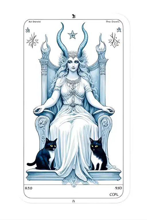 Create a Tarot Card for The devil Tarot card. Elegant and ethereal goddess on a throne with two cats at the bottom.  tattoo design idea