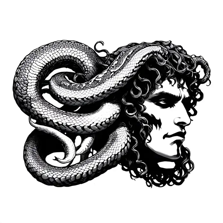 Line and dot Medusa head on male. Snakes for hair, no human hair. Fierce and defiant face, faint smile, not friendly  tattoo design idea