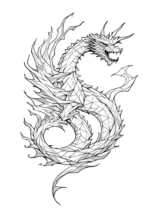 Geometric tattoo design incorporating a dragon wrapped in flames tattoo design idea