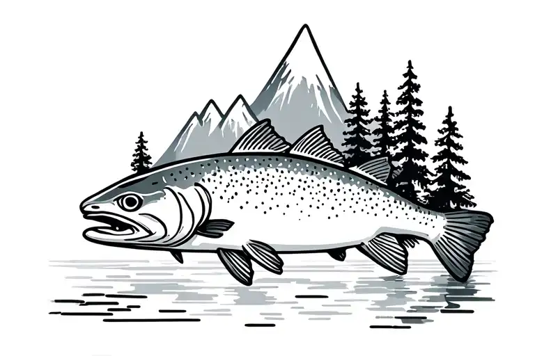 trout with mountains and trees coming out of its back tattoo design idea
