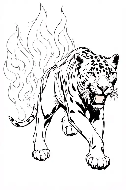 Panther in mid-pounce. The flames are coming from the panther. Panther is white with black outline. tattoo design idea