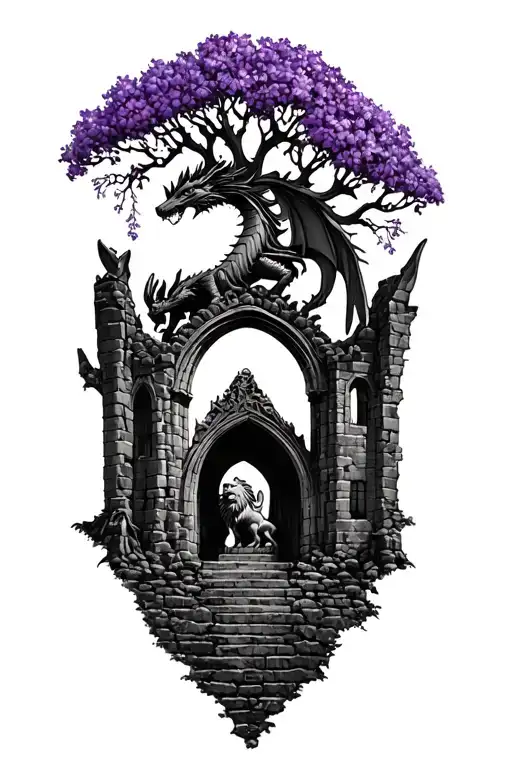 gothic castle ruins in a forest has old oak tree with the violet flower dragon on top lion statue  tattoo design idea