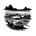 peaceful country landscape with trucks and barns  tattoo design idea