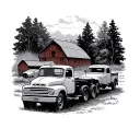 peaceful country landscape with trucks and barns  tattoo design idea