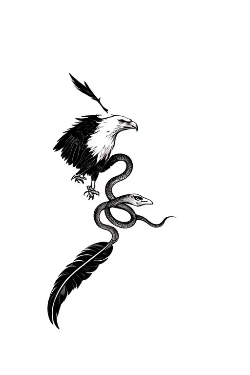 black big feather and light snakes and eagle tattoo design idea