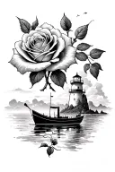 two roses in top left, lighthouse in top right, row boat in bottom letf tattoo design idea