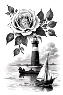 two roses in top left, lighthouse in top right, row boat in bottom letf tattoo design idea