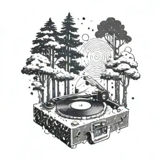 A forest scene with a record player hidden among the trees, with snow falling and a puzzle piece floating in the air, su tattoo design idea
