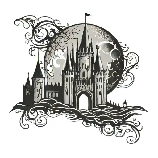 abstract, castle, moon, dark, depression, gothic style lime art tattoo tattoo design idea