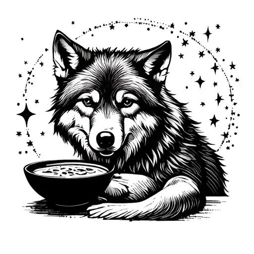 A dotwork tattoo of a wolf enjoying a bowl of soup under a starry night sky tattoo design idea