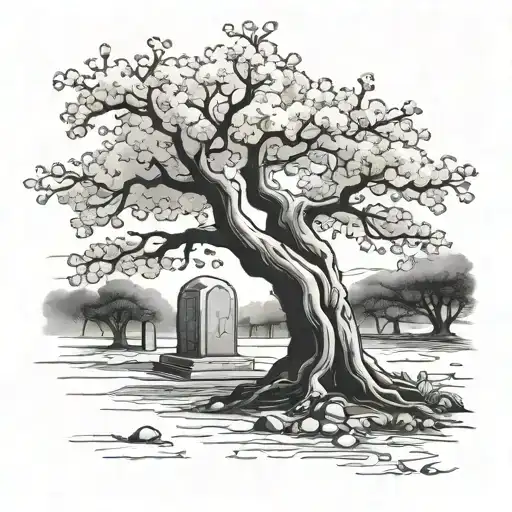I want a tattoo of a big sakura tree with a grave imbedded in its trunk. Around the grave I would like some minor detail tattoo design idea