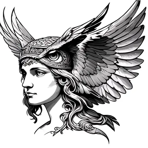 Athena Greek mythology head and owl flying tattoo design idea