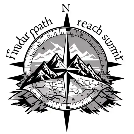 compass with map of mountain range with saying'find your path reach your summit' tattoo design idea
