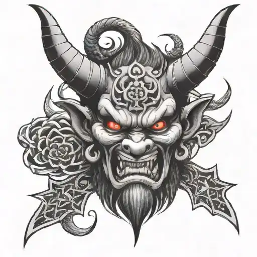 oni devil face tattoo with 8 pointed stars tattoo design idea