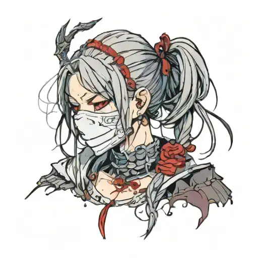 Dark Souls with hair with pigtails with blood on face head mask Shoulder portrait tattoo design idea