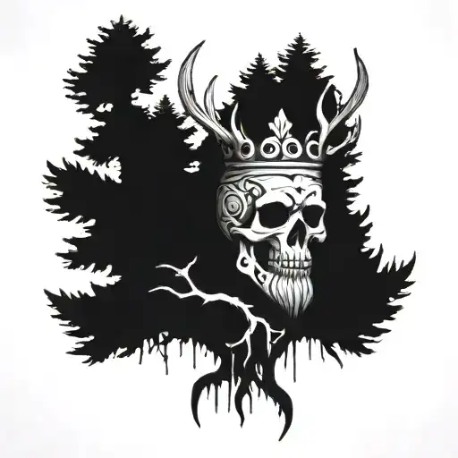  Celtic Skull with beard Buried with pine trees with a crown made from deer antlers tattoo design idea