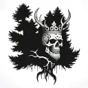  Celtic Skull with beard Buried with pine trees with a crown made from deer antlers tattoo design idea