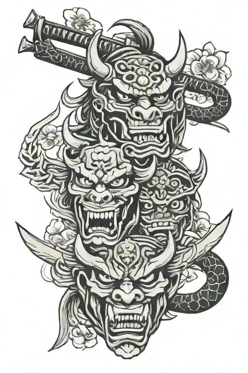 Oni masks, samurai, katanas, kanji, sakura tattoo design idea