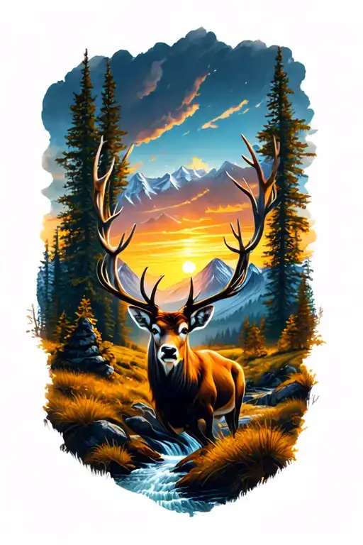 mountains deer streams field durning sunset tattoo design idea