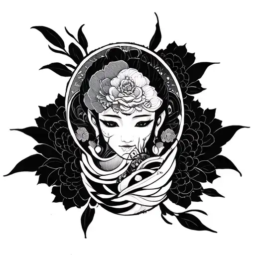 forearm-wrap tattoo in a Japanese irezumi style, bold-lined and symbolic to suit my dark skin tone. The central image is tattoo design idea