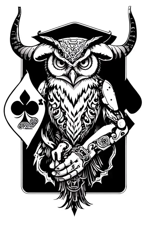 Minotaur labyrinth with robotic owl and king of clubs on sleeve full hand tatto. you can use honey comb where ever requi tattoo design idea