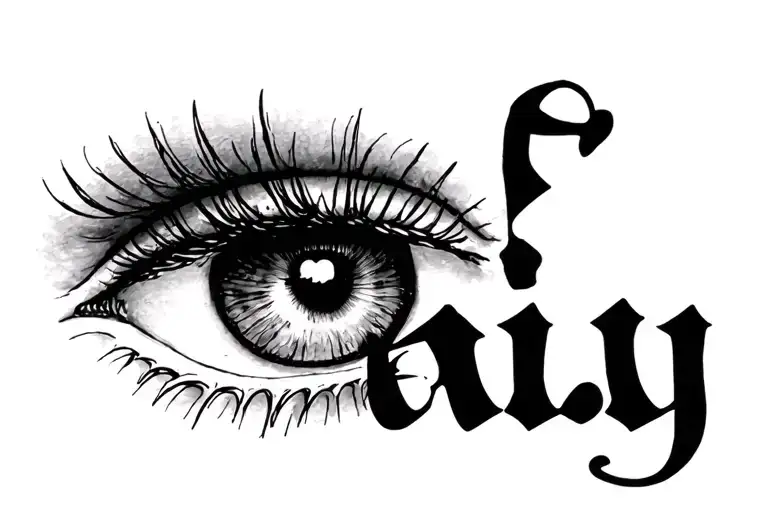 A tattoo on the outside of the forearm with the word family in Cholas Letters I want freestyle and the eye of my nieces tattoo design idea