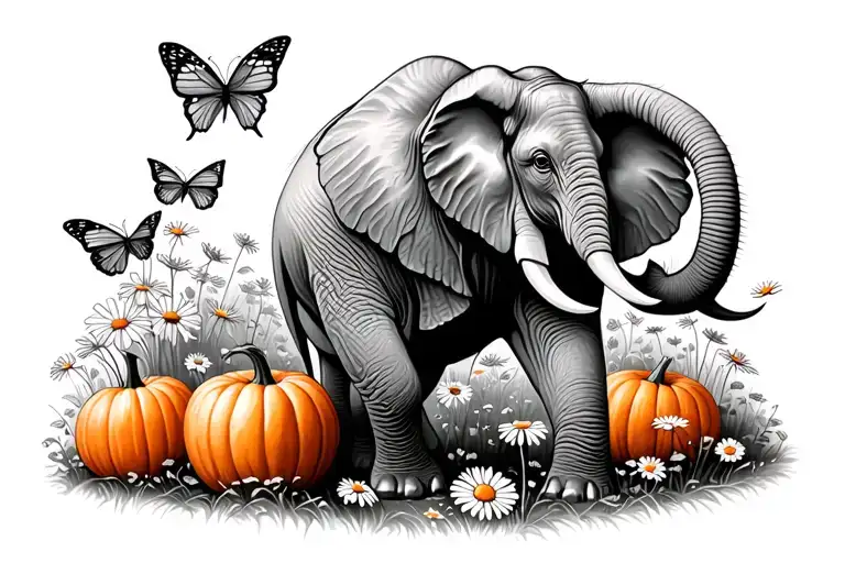An Elephant and butterflies in a field of pumpkins and daisies tattoo design idea