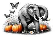 An Elephant and butterflies in a field of pumpkins and daisies tattoo design idea