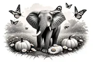 An Elephant and butterflies in a field of pumpkins and daisies tattoo design idea