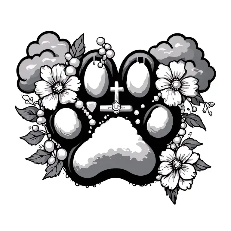paw print with clouds and rosary and flowers black and grey chicano  tattoo design idea
