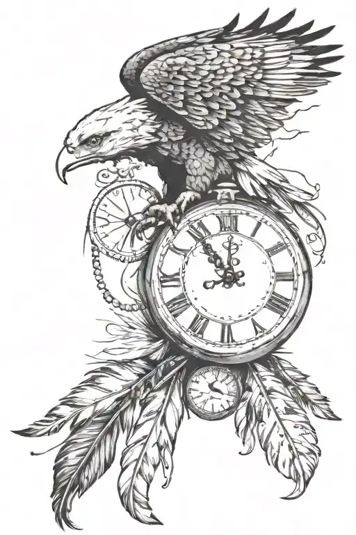 Eagle, Clock, and feathers falling tattoo design idea