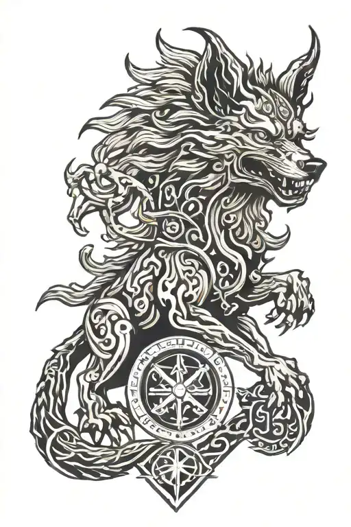 fenrir with gemini zodiac and runes tattoo design idea