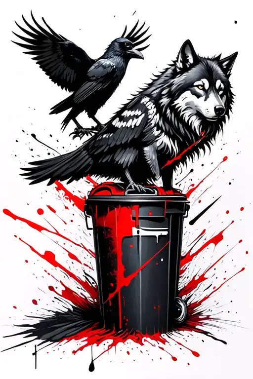 norse wolf and raven perched on top tattoo design idea