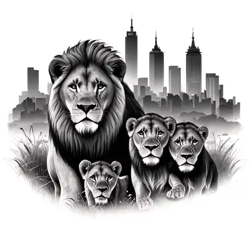 realism male and female lion with 2 cubs with city landscape background tattoo design idea