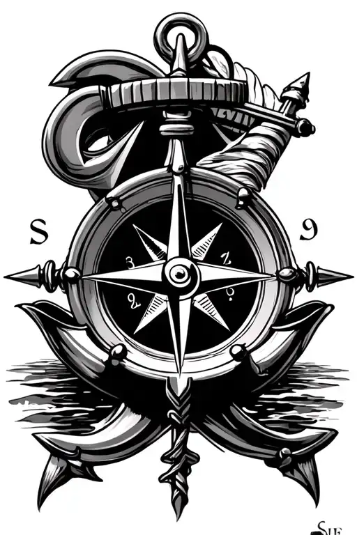 boat sea compass and boat anchor tattoo design idea