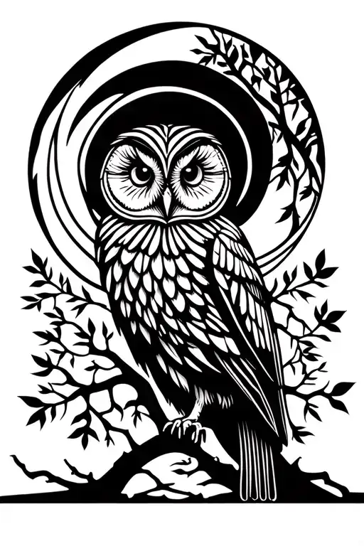 barred owl with moon and oak tree tattoo design idea