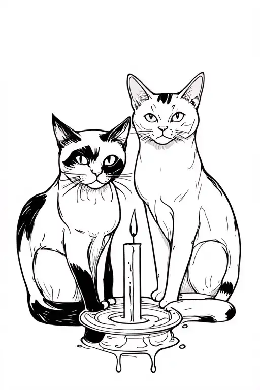 Black cat and white cat, witchy, whimsical, lightly gothic, candle between them that's on fire and dripping  tattoo design idea