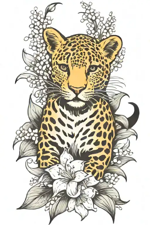 leopard ascending with lily of the valley flowers  tattoo design idea