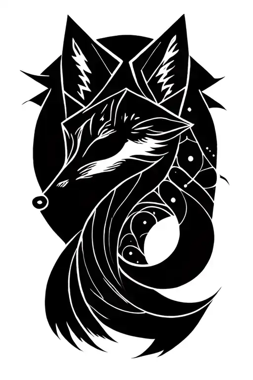 Tattoo design in geometric style: Fox, Moon, Elements of the Golden Section, Fractal of many Mandelbrot, Mobius tape tattoo design idea