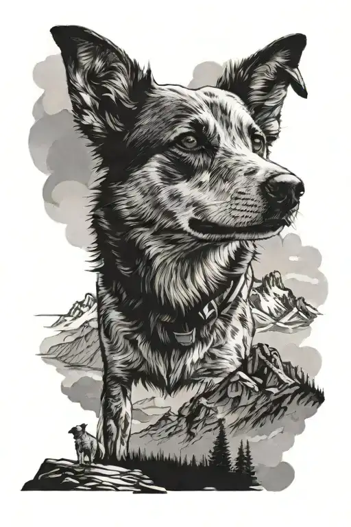 Mountains with path with blue heeler standing tattoo design idea