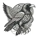 raven from the front with open wings and tribal symbolism in the background tattoo design idea