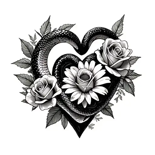 full snake roses daisies heart and weed leaves intertwined tattoo design idea