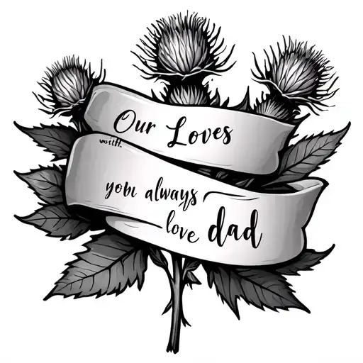 small dainty Scottish thistle wrapping around the words Our Loves with you always love dad tattoo design idea